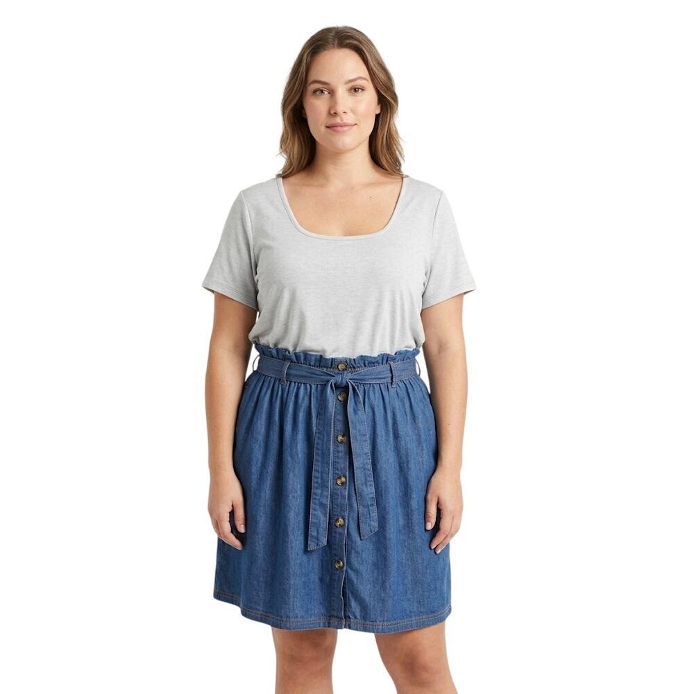 Ultra Flirt 2XL Denim Paperbag Waist Mixed Media Dress White Blue Plus Size